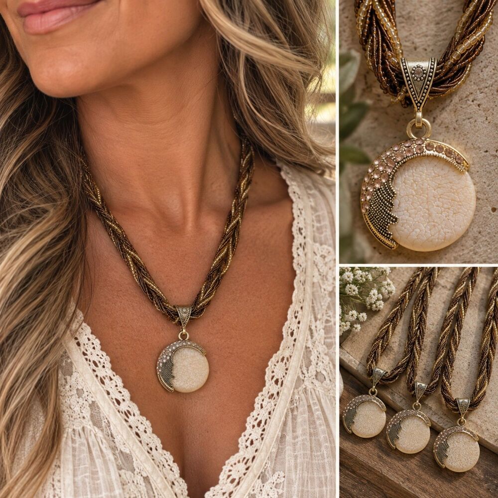 3 Boho Moon Pendant Necklaces Multistrand Beaded Rhinestone Celestial Jewelry
